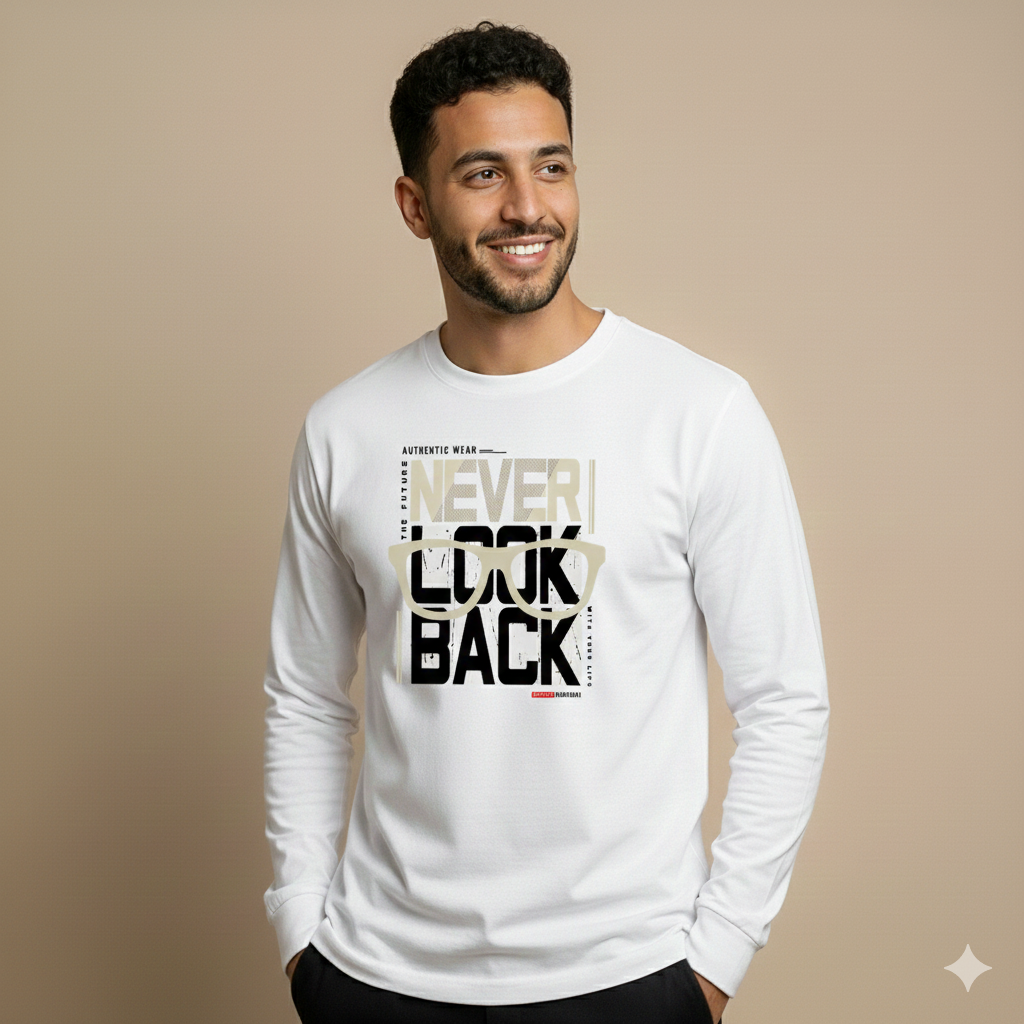 تيشيرت تصميم طباعي عصري بنقشة NEVER LOOK BACK